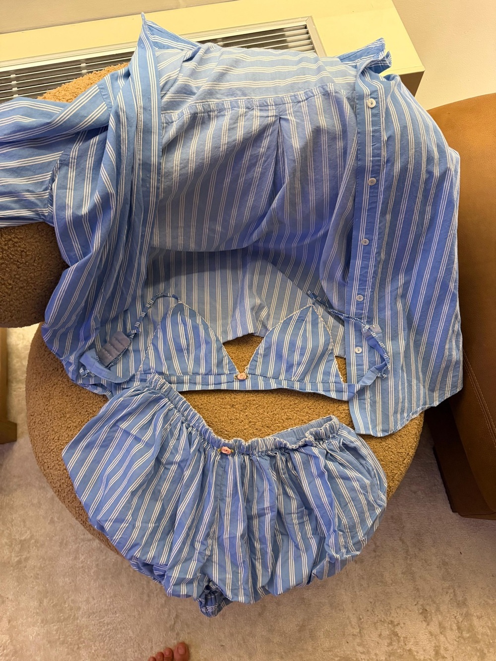 Zara Blue and White Striped Pajama Set - Button-Up Top & Shorts